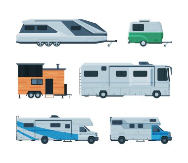 Karavan ya da Travel Trailer, Yol Aracı Tarafı Görüntü Vektörü Ayarları Arkasında Çekildi. Gezici Kamp ya da Tourer, Gezici Eğlence ve Tatil Gezisi Konsepti Olarak