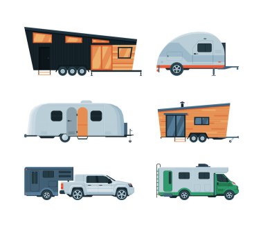 Karavan ya da Travel Trailer, Yol Aracı Tarafı Görüntü Vektörü Ayarları Arkasında Çekildi. Gezici Kamp ya da Tourer, Gezici Eğlence ve Tatil Gezisi Konsepti Olarak