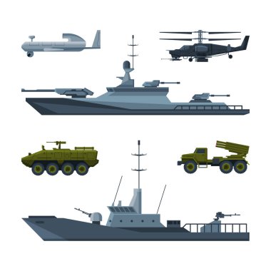 Uçak ve Deniz Askeri Aracı veya Nakliye Malzemeleri Vektör seti. Silahlı Kuvvetler Taşımacılığı Konsepti