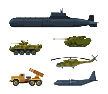 Uçak, Denizaltı ve Askeri Araç veya Ulaşım Malzemeleri Vector Set. Silahlı Kuvvetler Taşımacılığı Konsepti