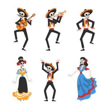 Meksika İskeleti in Sombrero Hat Müzikal Enstrüman Çalıyor ve Dans Eden Vector Set. Kurukafa ve Kemik Karakteri Geleneksel İspanyol Karnavalı ve Ölü Tatil Konseptini Kutluyor