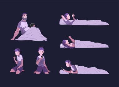 Gece Oturan Karanlık Vektör Seti 'nde Dijital Gadget kullanan Erkek ve Kadın Karakteri. Çevrimiçi Video Oyunu Oynayan Genç Erkek ve Kadın Ya da Sosyal Ağ Kavramında Sohbet