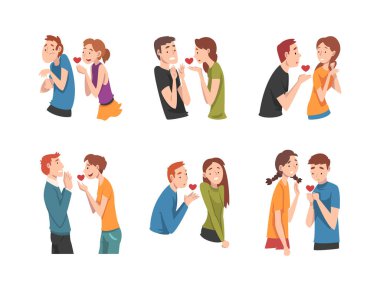 Erkek ve Kadın Karşılıksız Aşk Hisseden Vektör Seti 'ni deneyimliyor. Tek Taraflı ya da Reddedilmiş Sevgi Konseptinden Acı çeken Genç Erkek ve Kadın Hastalığı