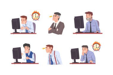 Erkek Ofis İşçisi İş Yeri 'nde Geç Kalma ve Sinirli Baş Vektör Ayarında Başaramadı. Genç Hüsrana uğramış Erkek Zaman Çizelgesinde Sorun Yaşıyor