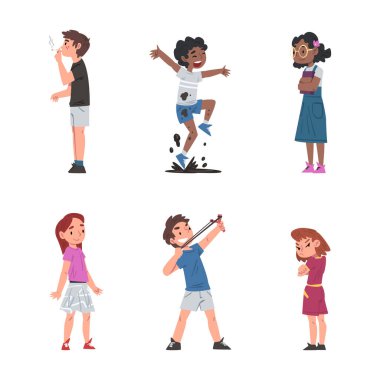 Küçük oğlan ve kız iyi ve kötü huylu vektör seti. Yaramaz ve İtaatkar Çocuklar Farklı Davranışlar Kavramına Girdiler