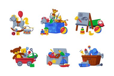 Çocuk vektör setinden farklı renkli çocuklar oyuncakları. Çocukça Oyun Konsepti Oynamak ve Eğlenmek İçin Eğlenceli Nesne