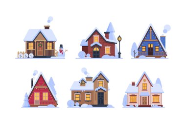 Country House in Winter Season with Chimney and Roof Covered with White Snow Vector Set. Nice and Cozy Suburban Private Home Concept