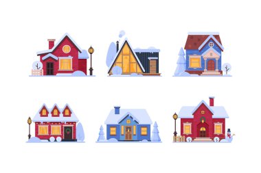 Country House in Winter Season with Chimney and Roof Covered with White Snow Vector Set. Nice and Cozy Suburban Private Home Concept