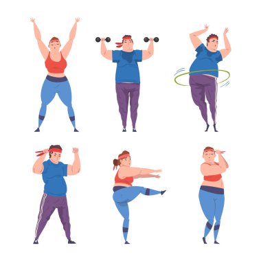 Overweight Man and Woman Character Training with Dumbbell and Hula Hoop Getting Fit Vector Set. Fat Male and Female Trying to Lose Weight Concept