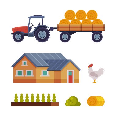 Traktör, House, Poultry, Hay and Growing Vector Set 'li Çiftlik Nesnesi. Tarım ve Tarım Binası Konsepti