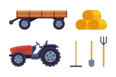 Traktör, Hay, Karavan, Pitchfork ve Kürek Vector Set 'li Çiftlik Nesnesi. Tarım ve İnşaat Konsepti