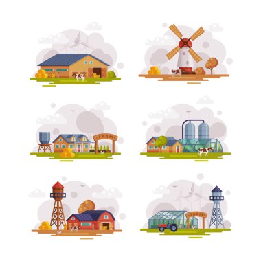Çiftlik Evi, Traktör, Yel Değirmeni ve Su Kulesi Vektör Seti. Tarım ve Tarım Binası Konsepti