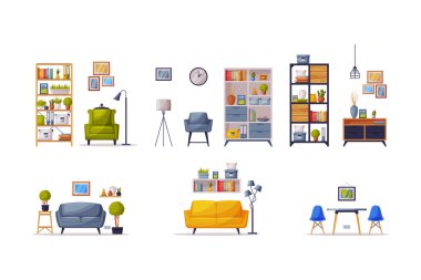 Konforlu Mobilya ve Ev Dekorasyonu Vektör Seti ile Modern Oda İç Tasarımı. Konforlu Apartman Nesneleri Konsepti