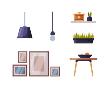 Lambalı Modern Oda İç Malzemeleri, Çerçeveli Resim, Rafta ve Tablo Vektör Kümesi. Daire Mobilya ve Nesneler Konsepti