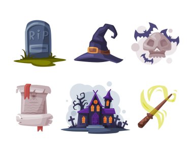 Cadılar Bayramı Korkunç Nesneler ve Sembol Vektör Kümesi. Gizem ve Azizler Günü Festivali Öğe Kavramı