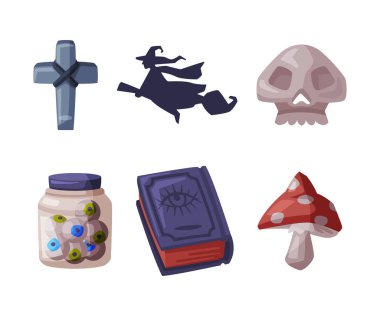 Cadılar Bayramı Korkunç Nesneler ve Sembol Vektör Kümesi. Gizem ve Azizler Günü Festivali Öğe Kavramı