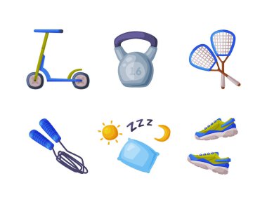 Uyku Malzemeleri ve Spor Malzemeleri Vektör Seti ile Sağlıklı Yaşam Tarzı Nesneleri. Refah ve Enerji Yaşam Elementleri