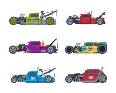 American Hot Rod Car with Large Engine and Tubes for Speed and Acceleration Vector Set. Motor Vehicle and Retro Road Transport Side View Concept