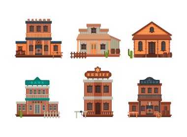 Western Style Building and Wild West Architectural Construction Vector Set. Traditional Timbered House Exterior Concept