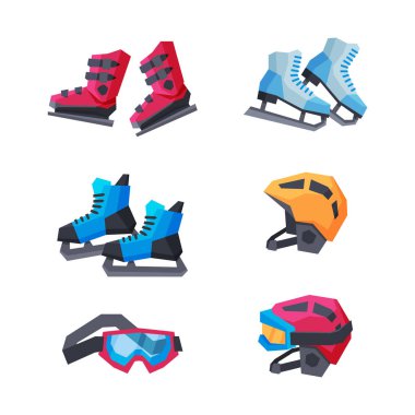 Buz pateni Çifti, Gözlük ve Miğfer Vektör Set. Kış Spor ve Eğlence Etkinliği Teçhizatı