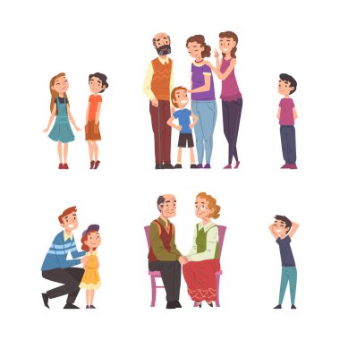Happy Man ve Woman with Kid ve Grandson with Grandson Standing Together Vector Set. Gülümseyen Anne Çocuk ve Büyükanne Aile Üyesi Konsepti