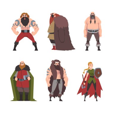 Viking erkeği ve kadın acımasız karakterler silah vektörü seti olan savaşçılar. İskandinav Erkek ve Kadın Barbar
