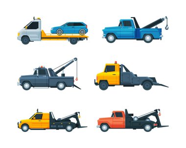 Tow Truck or Wrecker Moving Disabled or Impounded Motor Vehicle Vector Set. Breakdown Lorry Recovering Road Transport Concept clipart