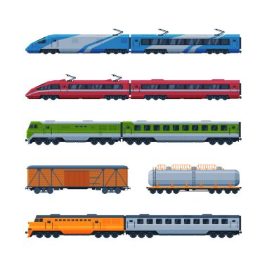 Train as Rail Freight and Passenger Transport Service Vector Set. Railway Carriage and Wagon as Commercial Transportation Concept