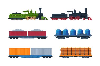 Train as Rail Freight and Cargo Transport Service Vector Set. Railway Carriage and Wagon as Commercial Transportation Concept