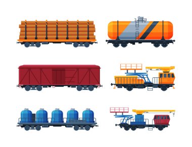 Train as Rail Freight and Cargo Transport Service Vector Set. Railway Carriage and Wagon as Commercial Transportation Concept