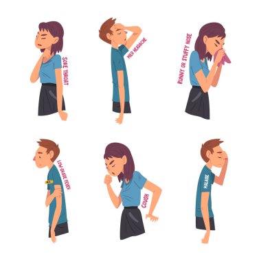 Kadın ve erkek soğuk algınlığı veya grip semptomları seti. Hasta Erkek ve Kadın Grip Hastalığı Hastalığı Hastalığı Hastalığı.