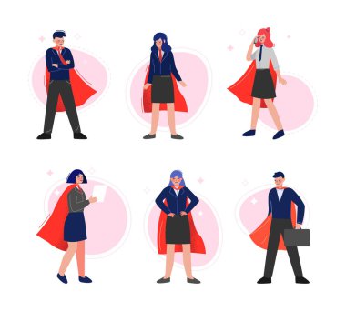 Red Cape Vector Set 'deki Süper İş Adamları Karakteri. Başarılı Süper Kahraman İş Adamı ve Kadın Hedefe Ulaşmak İçin Güç Sahibi
