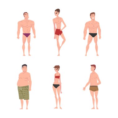 People Character in Swimsuit and Trunks Standing and Sunbathing at Sun Vector Set. Man and Woman Getting Suntan Enjoying Warm Summer Beach Resort and Vacation Concept