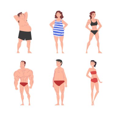 People Character in Swimsuit and Trunks Standing and Sunbathing at Sun Vector Set. Man and Woman Getting Suntan Enjoying Warm Summer Beach Resort and Vacation Concept