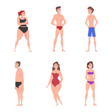 People Character in Swimsuit and Trunks Standing and Sunbathing at Sun Vector Set. Man and Woman Getting Suntan Enjoying Warm Summer Beach Resort and Vacation Concept