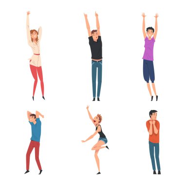 People Character Dancing at Disco Party Moving Hands and Legs Vector Set. Male and Female Music Fan at Concert Feeling Excited Raising Hands Concept