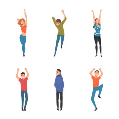 People Character Dancing at Disco Party Moving Hands and Legs Vector Set. Male and Female Music Fan at Concert Feeling Excited Raising Hands Concept