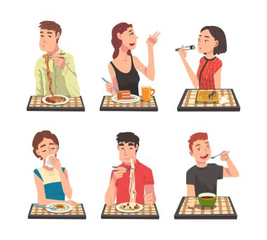 Man and Woman Eating Delicious Meal from Plate Sitting at Table with Checkered Tablecloth Vector Set. Male and Female Dining at Restaurant or Cafe Concept