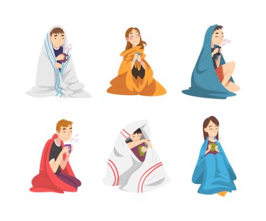 Man and Woman Sitting Covered with Cozy Plaid Enjoying Hot Drink in Mug Vector Set. Male and Female Warming Wrapped in Blanket and Drinking Brewed Beverage Concept