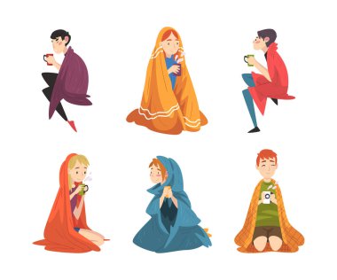 Man and Woman Sitting Covered with Cozy Plaid Enjoying Hot Drink in Mug Vector Set. Male and Female Warming Wrapped in Blanket and Drinking Brewed Beverage Concept