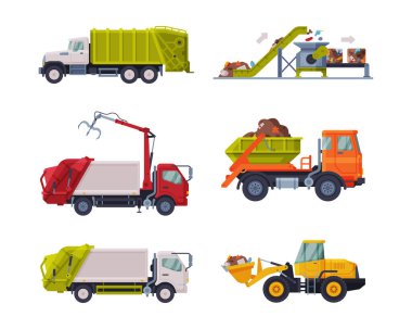 Garbage Truck for Transporting Solid Waste to Recycling Center Vector Set. Refuse Truck or Dustcart as Urban Vehicle for Collecting Rubbish Concept