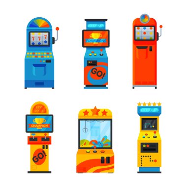 Kumar Vector Set için Renkli Oyun Makinesi Atari Salonu. Oynamak için Farklı Eğlence Makinesi