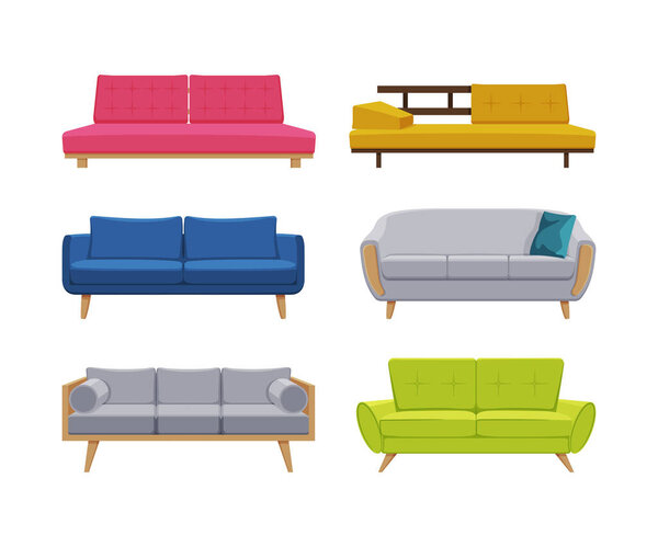 Comfortable Sofa and Couch for Apartment with Upholstery Vector Set. Comfort Modern Furniture from Living Room