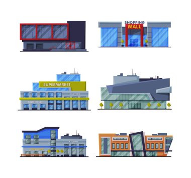 Çeşitli Tasarım Vektör Kümesinin Alışveriş Merkezi Binaları. Dükkan ve Mağaza ile Cam Şehir Mimarlığı
