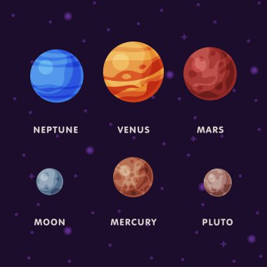 Solar Planet Infographics with Names Vector Set. Evrenin ve Galaksinin Gök Gövdesi