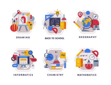 School Education Composition with Text Caption and Educational Objects Vector Set. Learning Discipline and Primary Academic Knowledge Gaining Concept