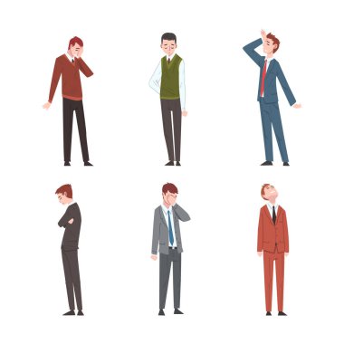 Üzgün ve Hüsrana uğramış İş Adamı Karakteri ya da Mutsuz Ofis İşçisi Hang Head Vektör Seti ile ayakta duruyor. Sinirli Erkek Çalışan Kariyer Krizi Konsepti