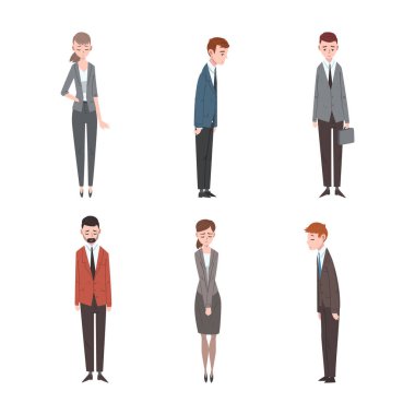 Sad and Frustrated Business People Character or Unhappy Office Worker Standing with Hang Head Vector Set. Upset Man and Woman Employee Having Career Crisis Concept