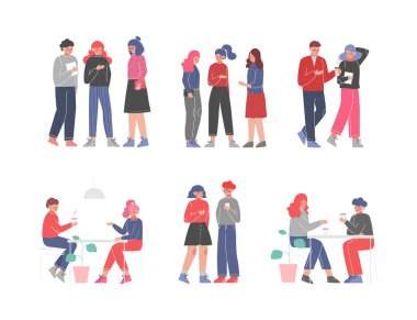 Man and Woman Friend Sitting at Table Drinking Coffee and Talking Spending Time Together Vector Set. Young Male and Female Meeting Having Friendly Communication Concept