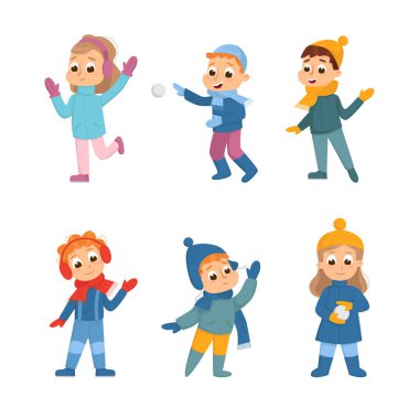 Neşeli Erkek ve Kız Yürüyüşü ve Keyifli Kış Vector Seti. Sıcak Eldiven Giyen Oyuncu Çocuk ve Karlı Gün Konseptinde Açık Hava Oynayan Şapka